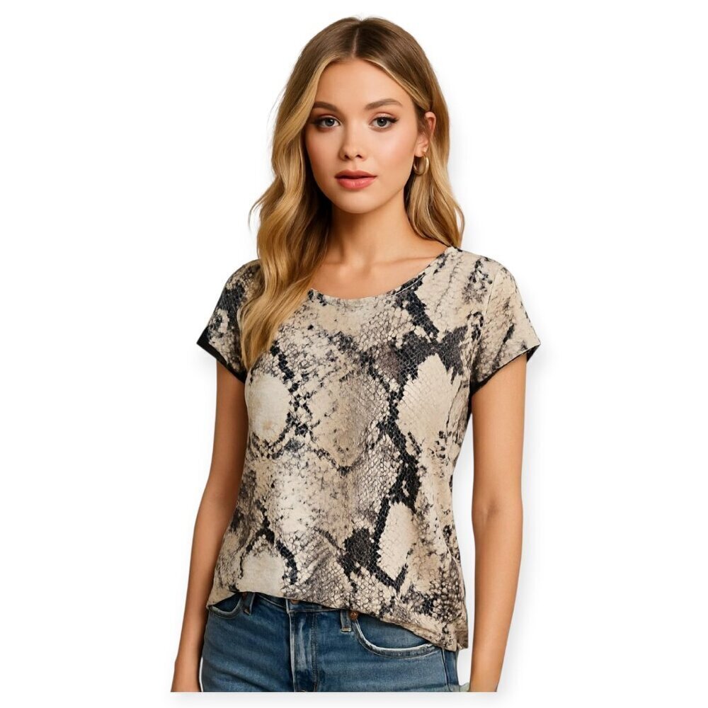 Zara Snakeskin Patterned Blouse Womens Medium Grey Black Cream Chic Top